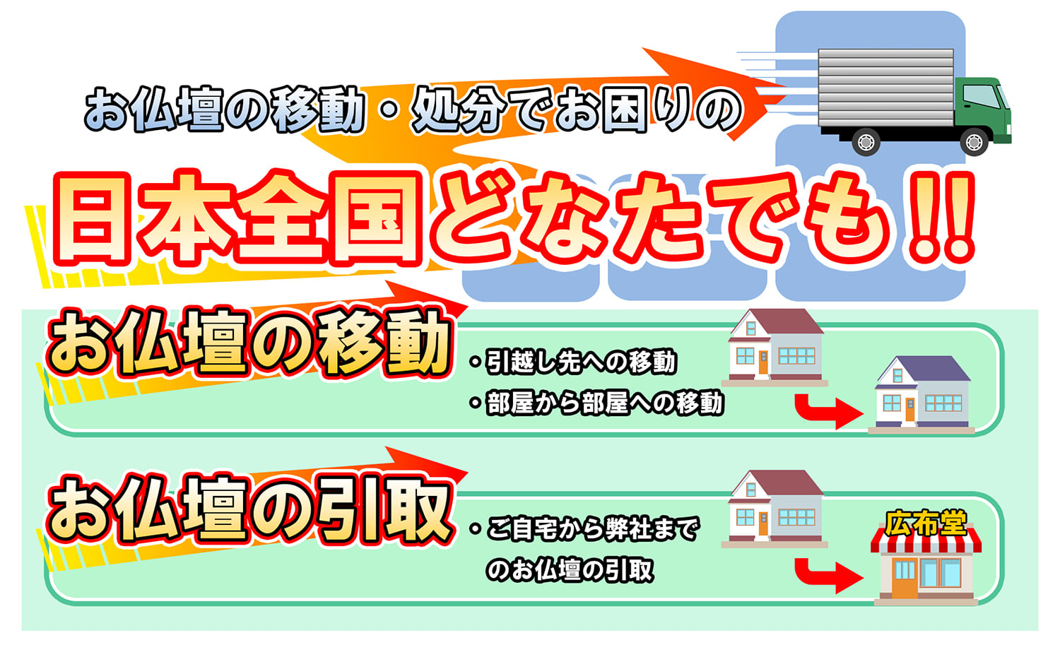 お仏壇の移動・処分でお困りの日本全国どなたでも！！お仏壇の移動・引っ越し先への移動・部屋からの部屋への移動、お仏壇の引取・ご自宅から弊社までのお仏壇の引取